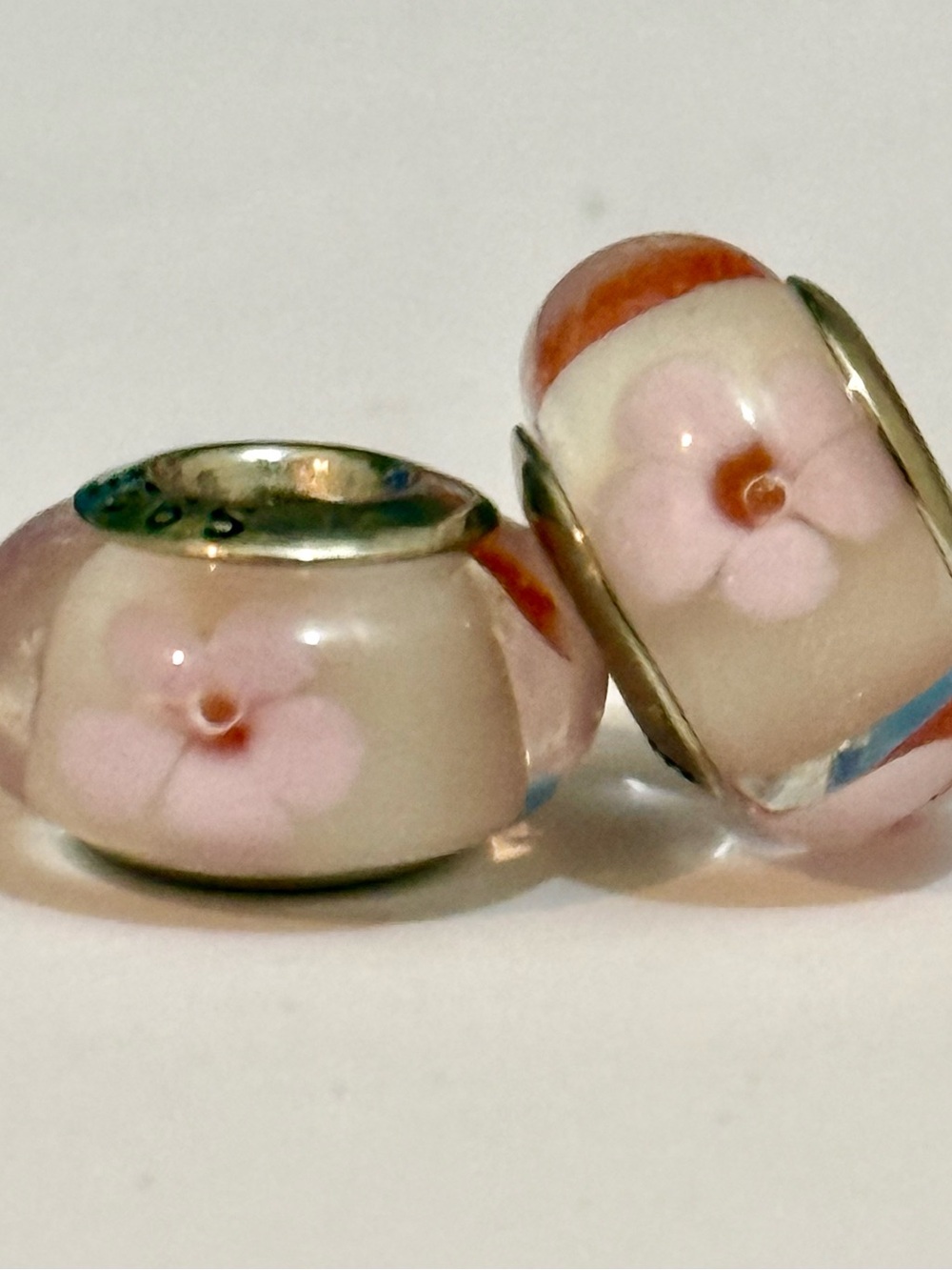Pink Floral Murano Glass Charms set fit Pandora bracelets